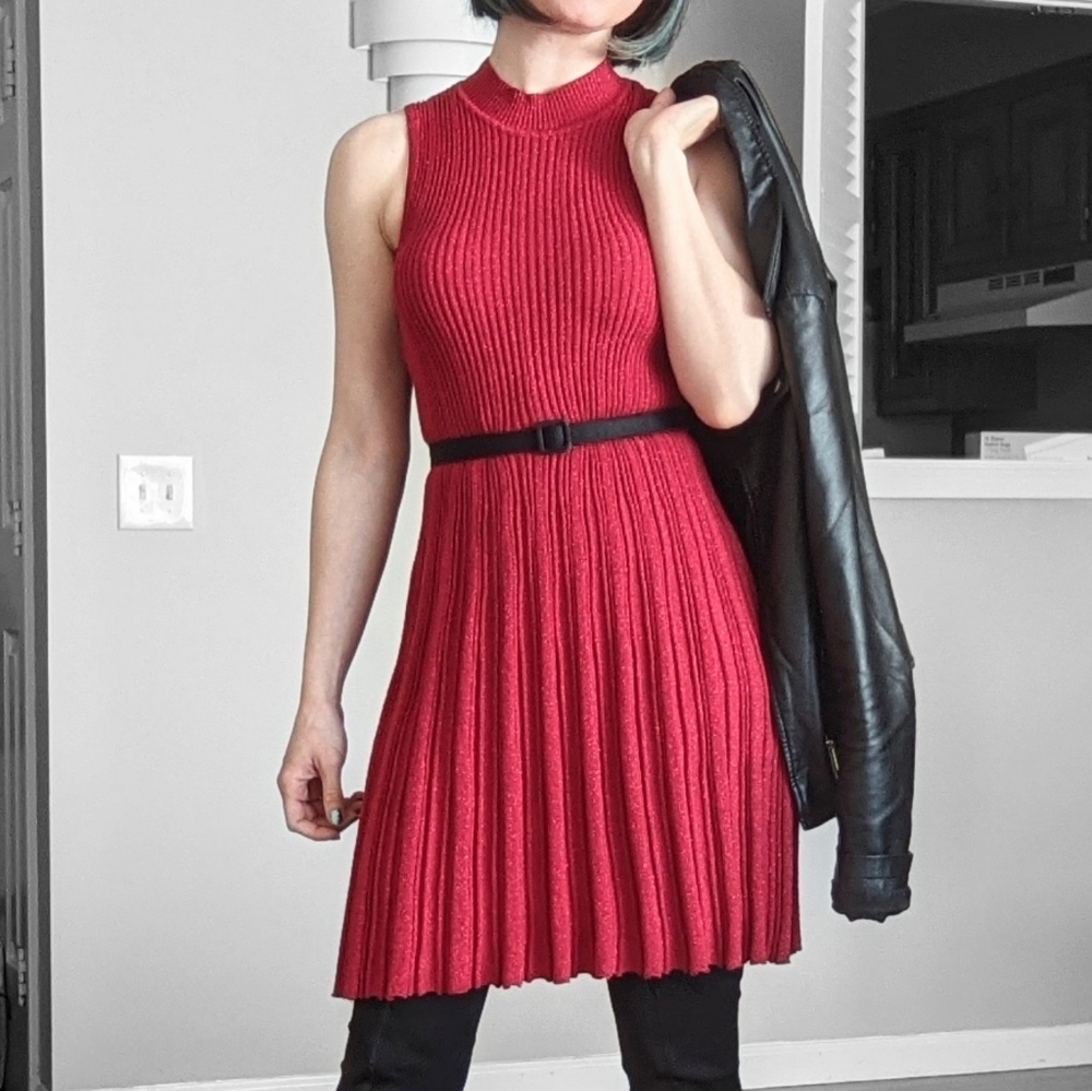 Red Glitter Knit Dress Mock Neck (S)